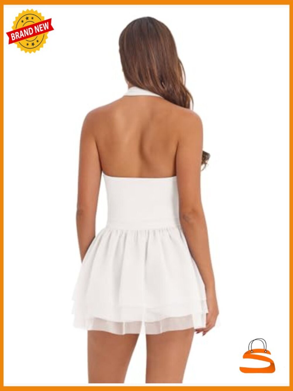 V Neck Halter Backless Tiered Tulle Dress with Built-in Shorts - Picture 2 of 6